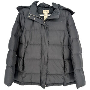 VTG LL Bean Womens Black Down Quilted Puffer Faux Fur Trim Hood Parka Coat LG